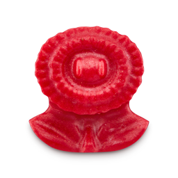 A vibrant red, flower-shaped soap with two leaves at the base, centered on a black background. The surface has a subtle shimmer from plastic-free glitter.