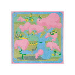 You, Me And The Sakura Tree. A square sheet of lokta reusable wrapping paper. The design features a large, blue tree with puffy pink blossoms. Small figures engage in activities around it, including cycling, swinging, and picnicking.