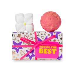You're The Best. A rectangle gift, rose gold and purple stars over a white background, and a purple ribbon and rectanglular tag.