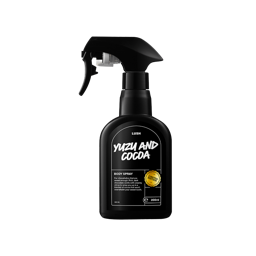 Yuzu and Cocoa. A black, opaque-plastic body spray bottle. The black label on the front reads "Yuzu and Cocoa" in large white letters. There is also a "Limited Edition" logo and some product information on the label. 
